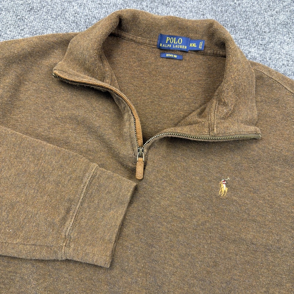 Polo Ralph Lauren Sweater Mens 2XL Brown 1/4 Zip Estate Rib Pullover‎ Flesh Pony